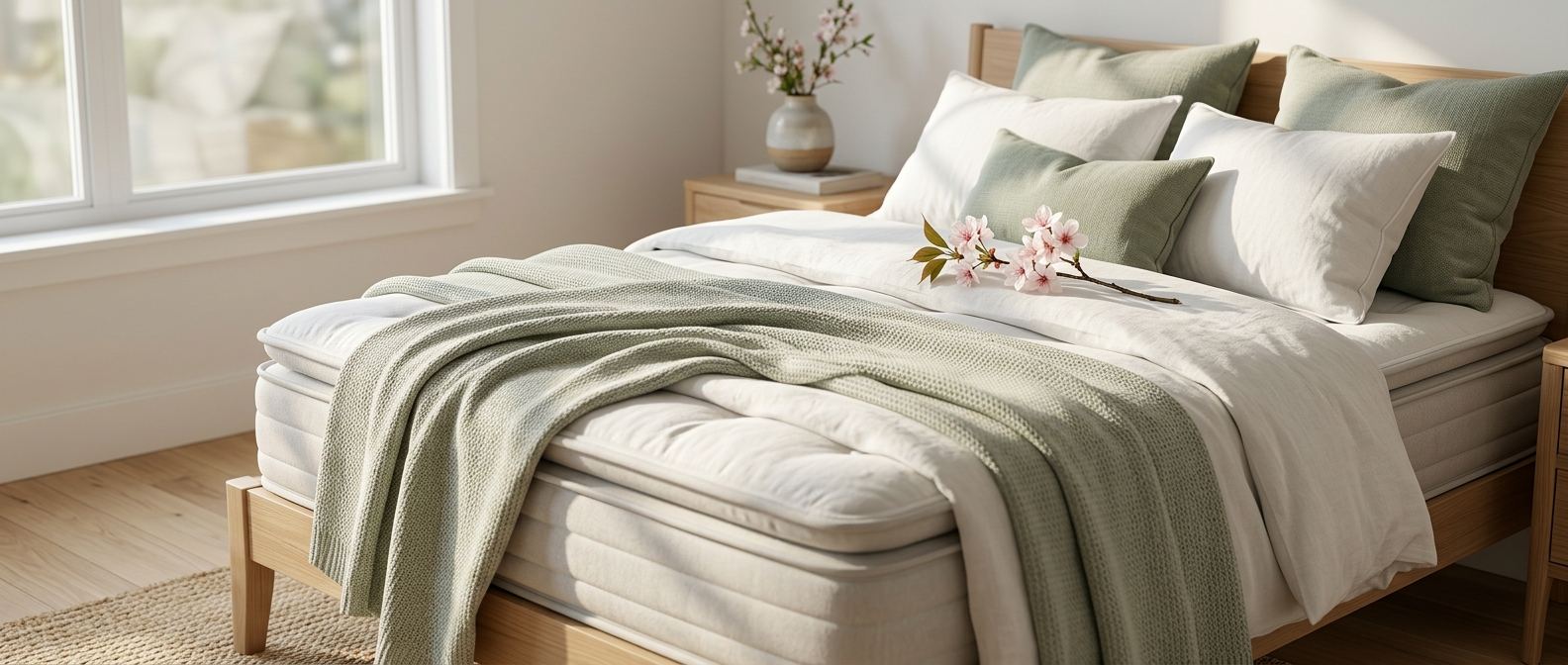 Close-up of a styled bed with sage-green pillows and spring blossom - Bed and Beyond