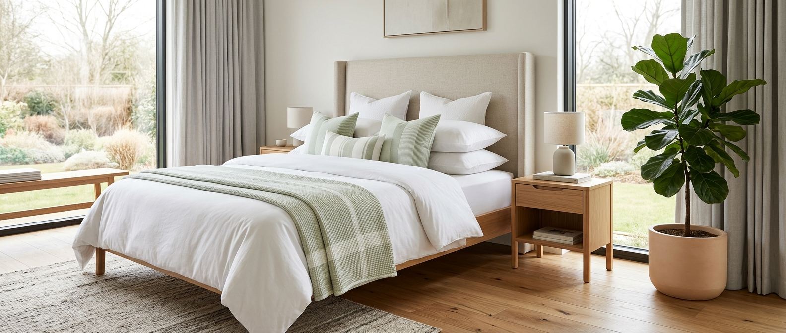 Modern Scandinavian-style bedroom with a fabric bed set and potted plant - Bed and Beyond