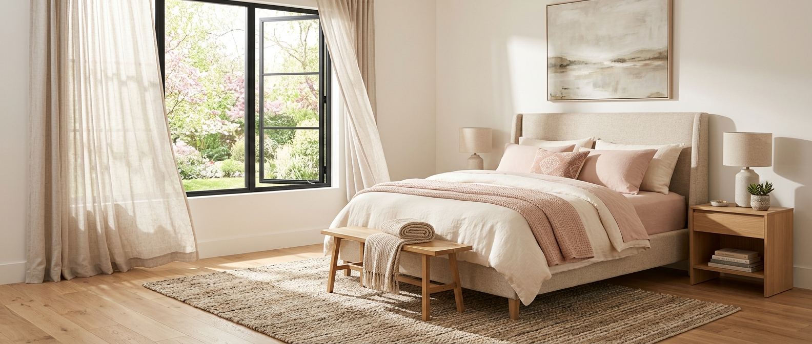 Bright bedroom with blush and cream bedding and spring blossoms outside the window - Bed and Beyond